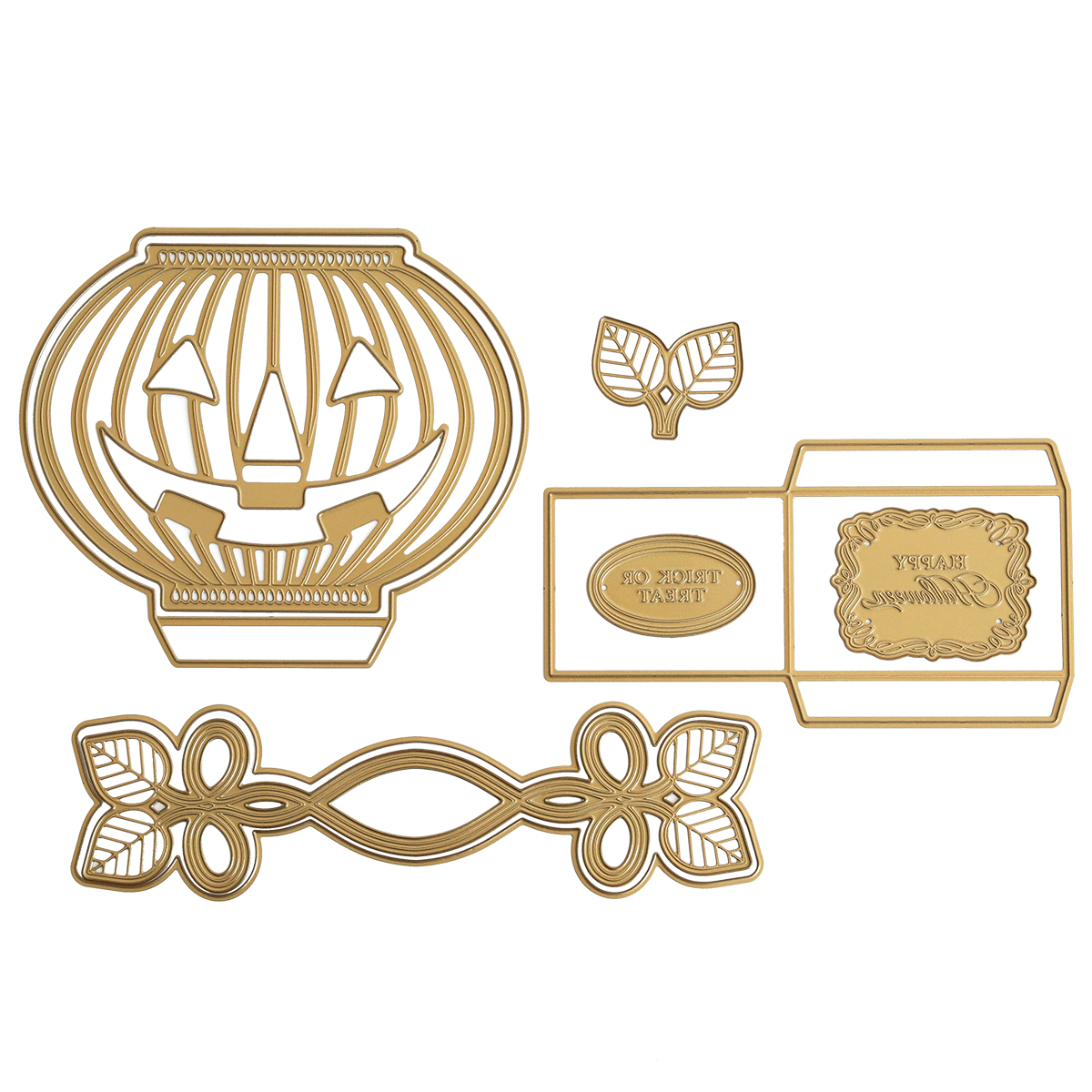 Halloween Box Dies in gold metal feature various shapes like jack-o-lanterns, leaves, ornate borders, and frames—ideal for your next Halloween craft—all shown on a white background.