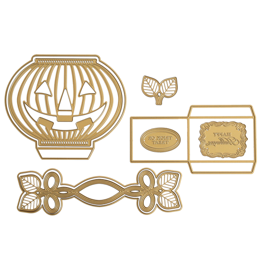 Halloween Box Dies in gold metal feature various shapes like jack-o-lanterns, leaves, ornate borders, and frames—ideal for your next Halloween craft—all shown on a white background.