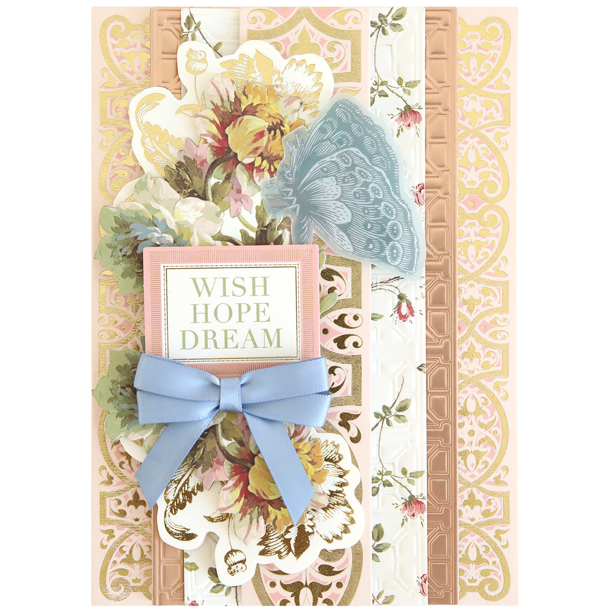 The Francesca Cards and Envelopes set features a handmade card with floral designs, a blue butterfly, blue ribbon, and "WISH HOPE DREAM" text—ideal for card making or pairing with matching envelopes.