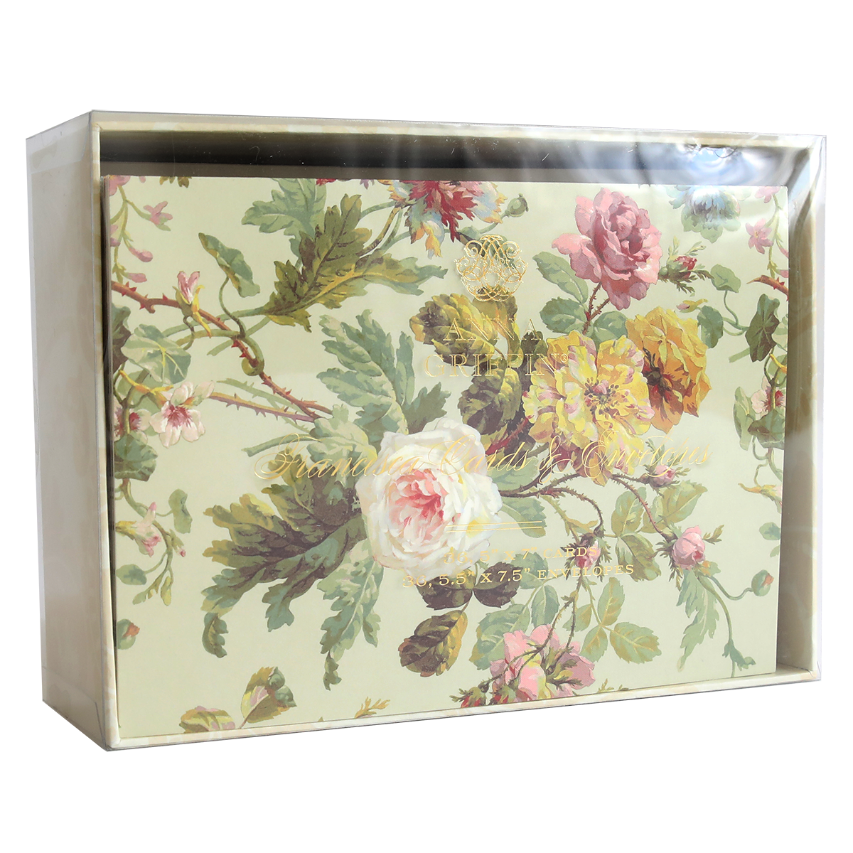 Francesca Cards and Envelopes come in a boxed set featuring beautiful rose and green leaf patterns, wrapped in clear plastic—ideal for gifting or expanding your Francesca Cards collection.