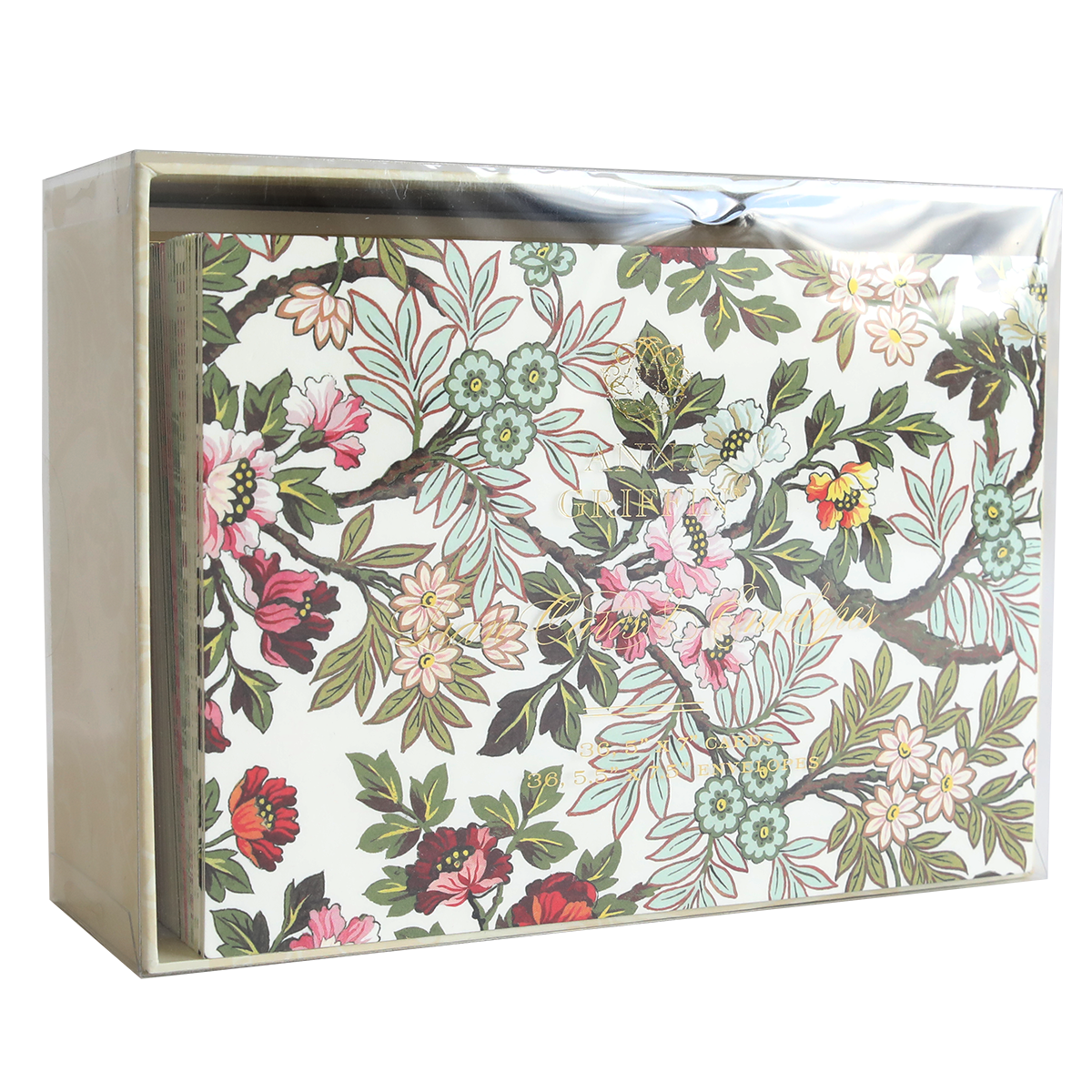 Lian Cards and Envelopes come in a clear plastic box and feature a floral design with pink, red, and green flowers and leaves—gorgeous notecards perfect for any occasion.