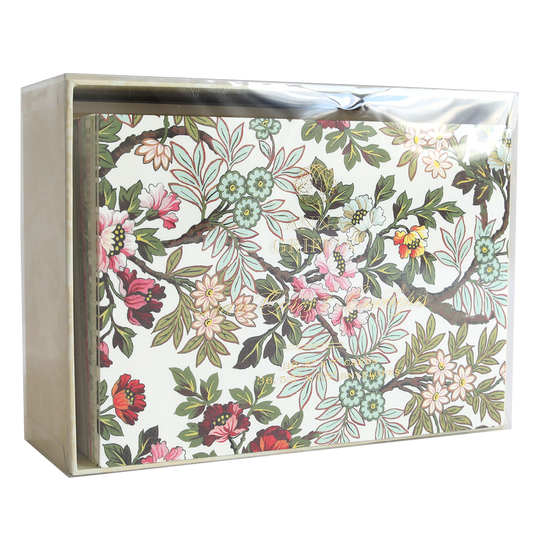 Lian Cards and Envelopes come in a clear plastic box and feature a floral design with pink, red, and green flowers and leaves—gorgeous notecards perfect for any occasion.