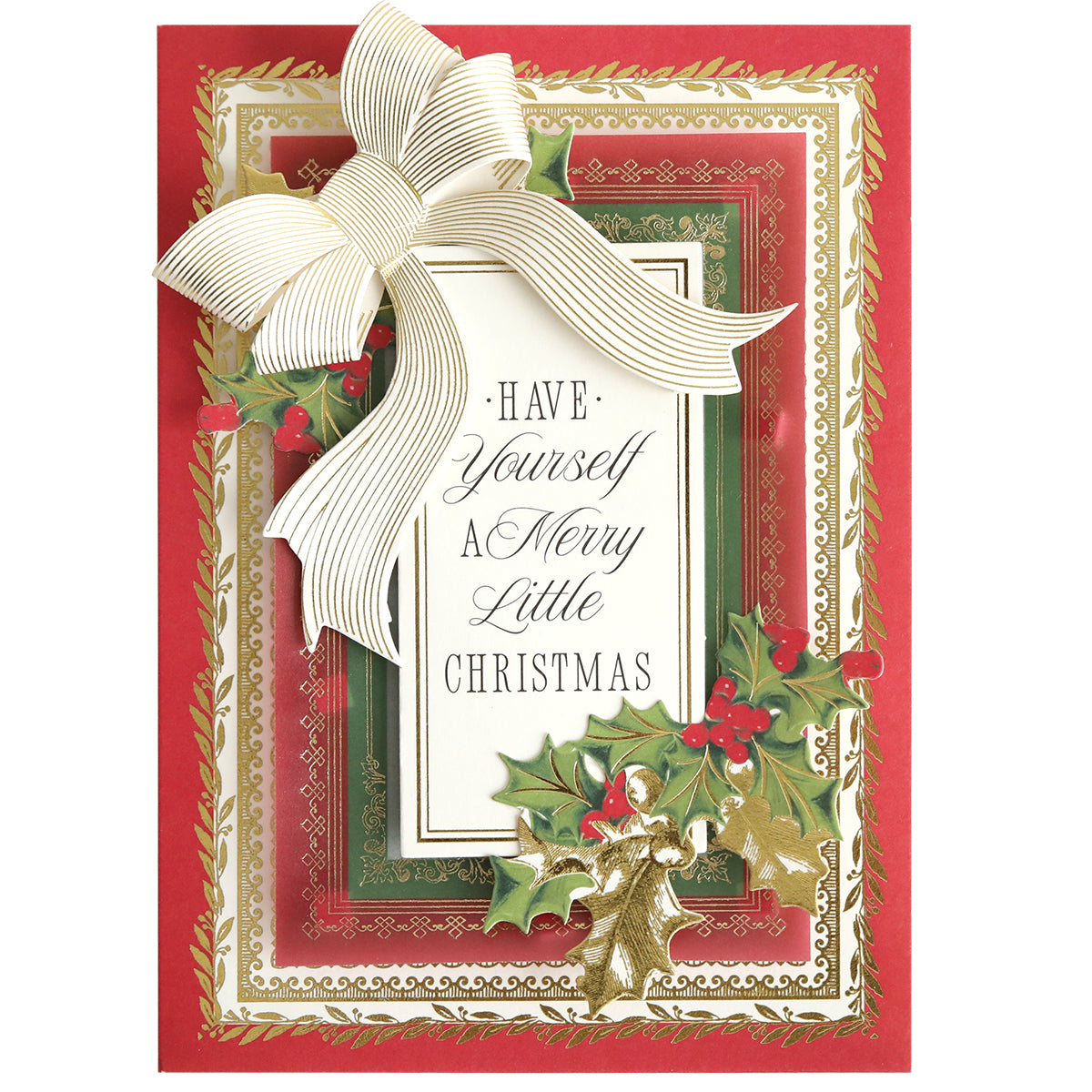 Get inspired for your next card with the Christmas Present Card Making Kit, featuring gold and red borders, holly decorations, a large striped white bow, and "Have Yourself A Merry Little Christmas" text—perfect for festive creations!.