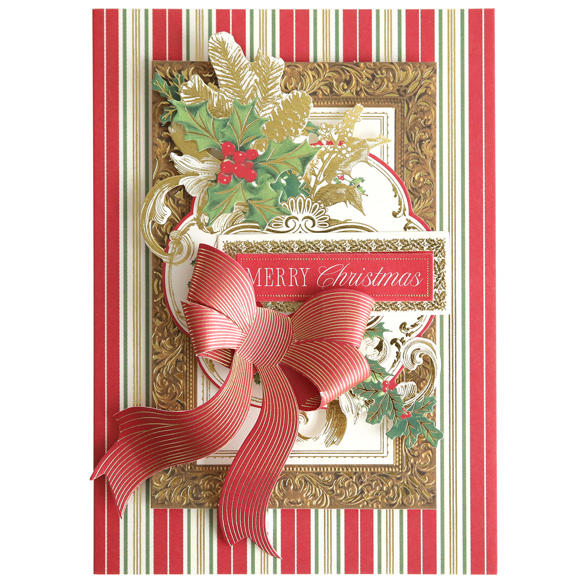 The Christmas Present Card Making Kit includes a handmade card with red and gold accents, a striped red bow, holly leaves, and "Merry Christmas" on a striped background—ideal for enhancing your holiday card collection.
