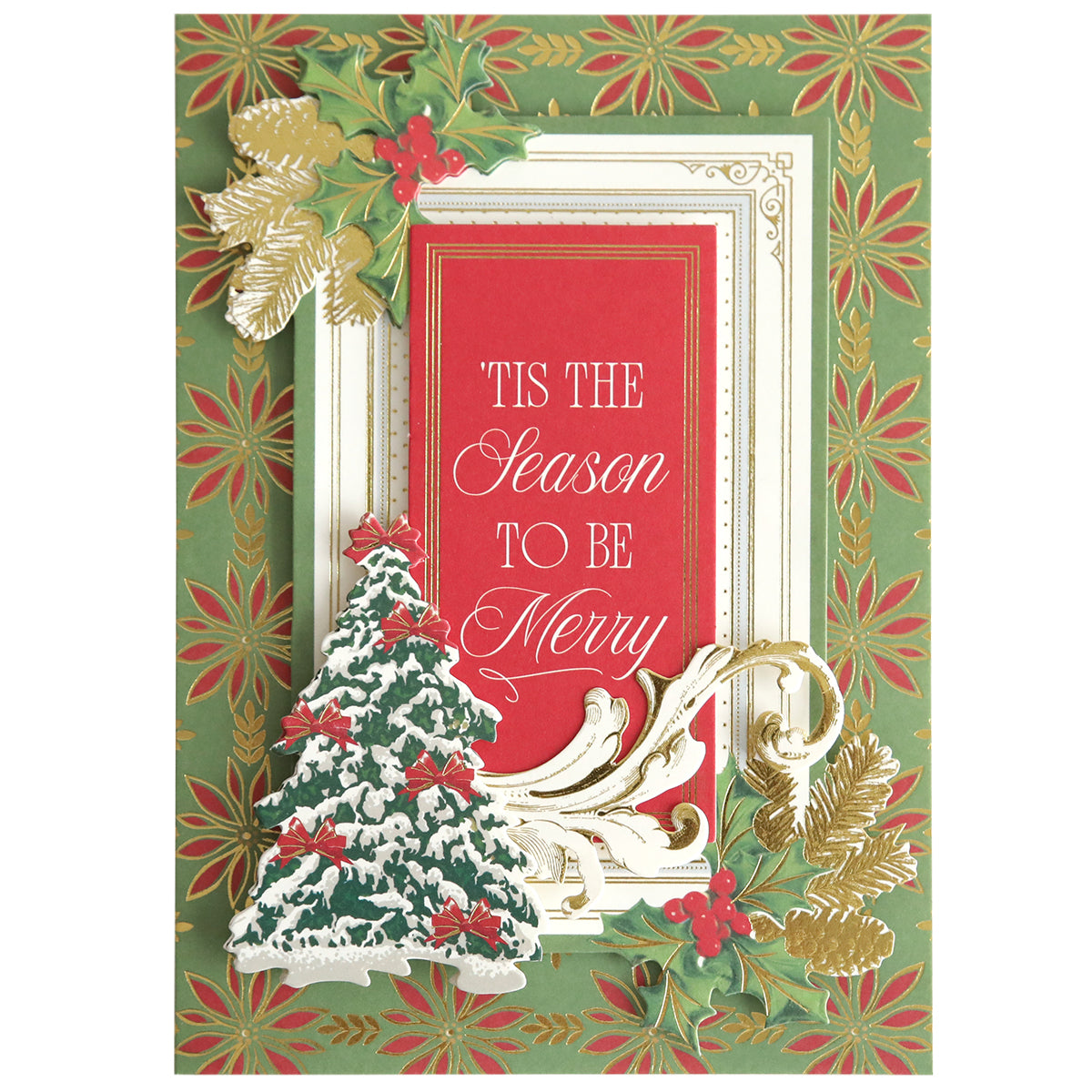 The Christmas Present Card Making Kit features festive handmade cards with gold and red floral patterns, a layered frame, decorated tree, and "'Tis the Season to be Merry"—perfect for your holiday crafting.