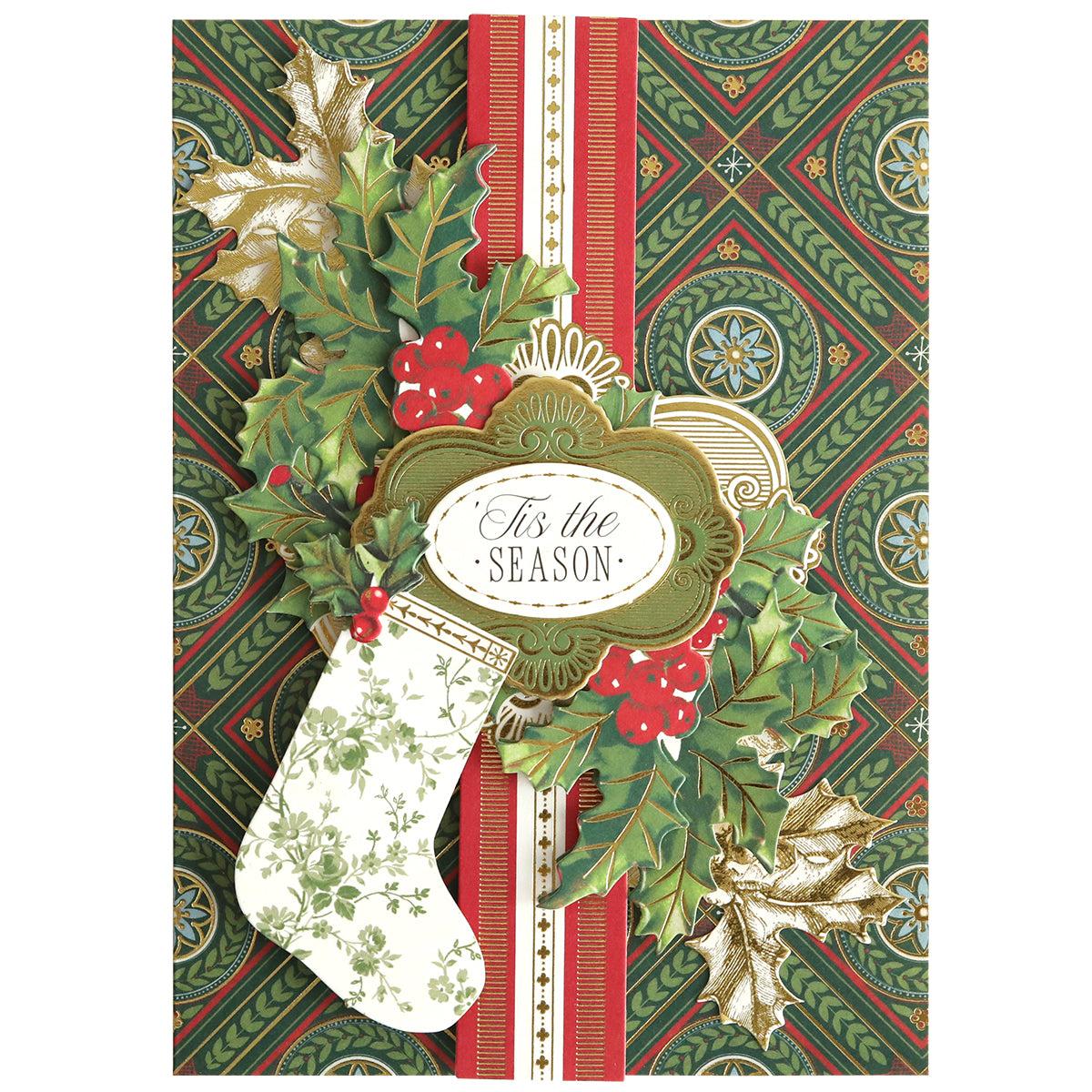 The Christmas Present Card Making Kit features a decorative holiday card with a patterned background, holly leaves, red berries, a white stocking, and a “‘Tis the Season” label—ideal for inspiring your handmade Christmas cards.