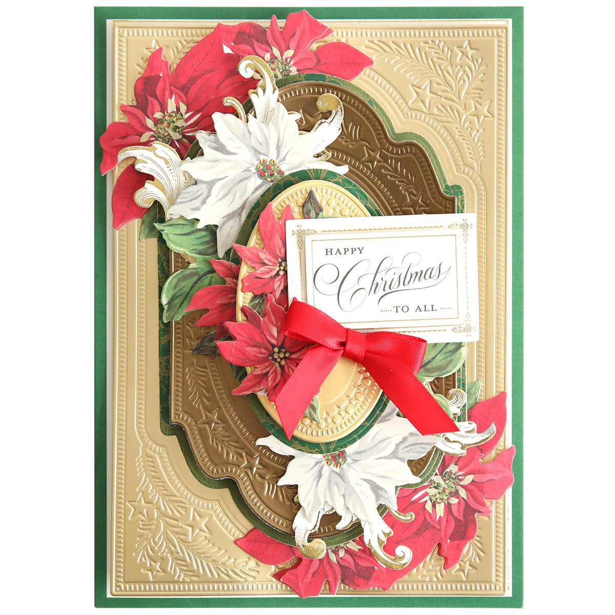The Christmas Present 3D Concentric Dies create festive cards with gold details, red and white poinsettias, and a red bow—perfect for Christmas crafts—with the message "Happy Christmas to All.