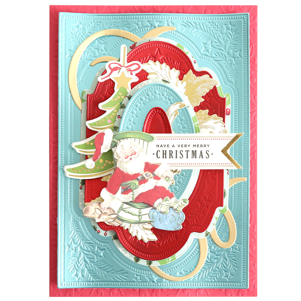 Create festive holiday crafts with the Christmas Present 3D Concentric Dies, featuring layered designs of Santa Claus, a decorated tree, and a "Have a Very Merry Christmas" banner—perfect for unique cards or DIY holiday projects.