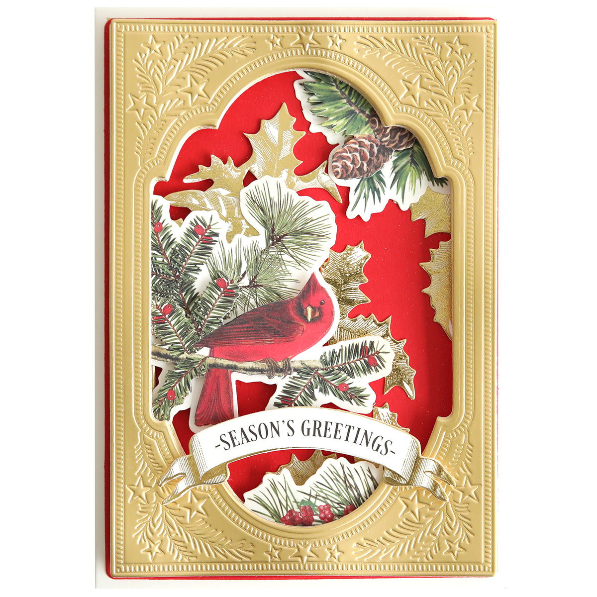 Greeting card with embossed gold frame, red background, pinecones, and a cardinal—ideal inspiration for holiday or Christmas crafts using the Christmas Present 3D Concentric Dies.