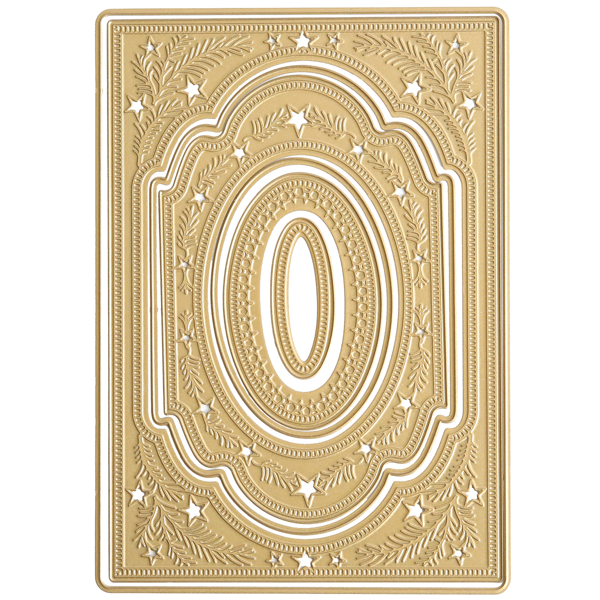 The Christmas Present 3D Concentric Dies create a gold rectangular card with ornate embossed stars and leaves—a perfect addition to your holiday or Christmas crafts.