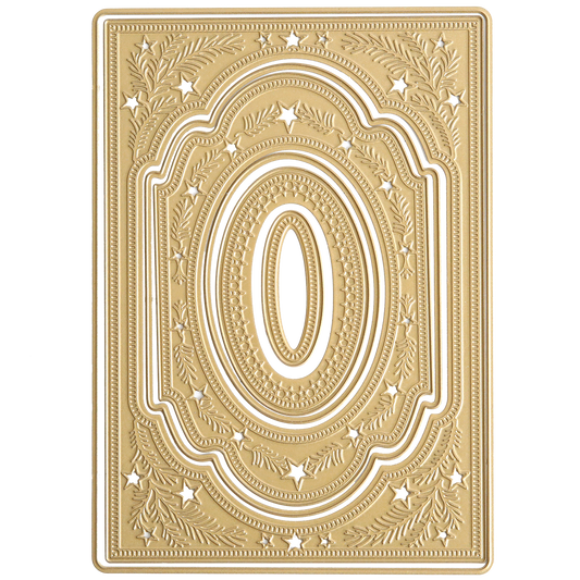 The Christmas Present 3D Concentric Dies create a gold rectangular card with ornate embossed stars and leaves—a perfect addition to your holiday or Christmas crafts.
