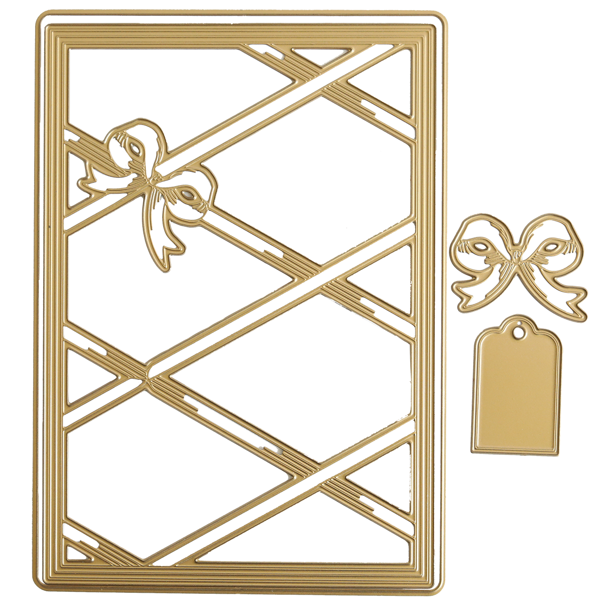 The Harlequin Bow Dies set features gold metal cutting dies with a rectangular frame, diagonal lines, and a bow—ideal for memo boards or harlequin ribbon backgrounds. Includes a separate bow shape and a rectangular tag.
