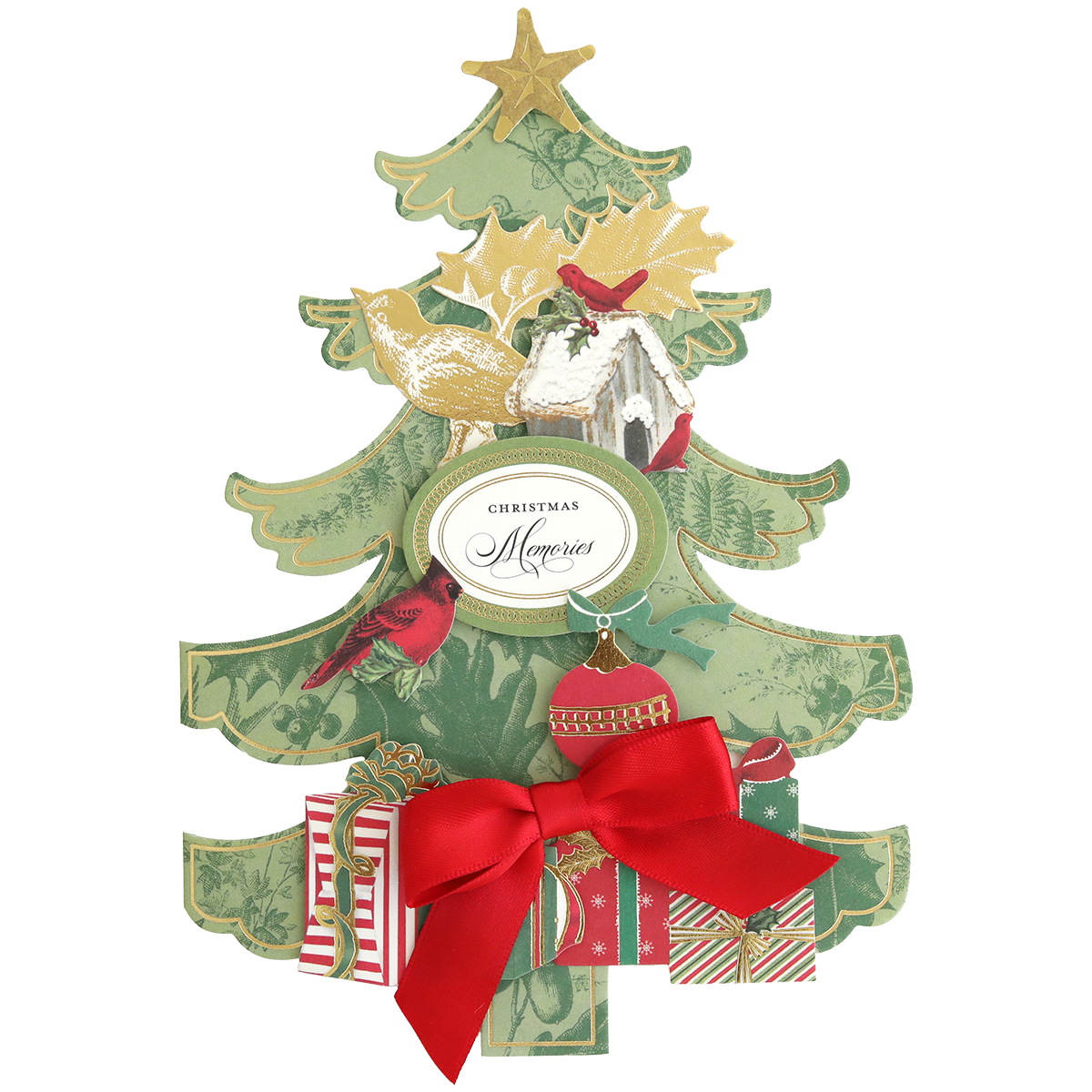 The Tree Shaped Cards and Embellishments feature a festive design with holiday images, a red bow, presents at the base, and "Christmas Memories" in the center—perfect for spreading joy with your holiday greetings.