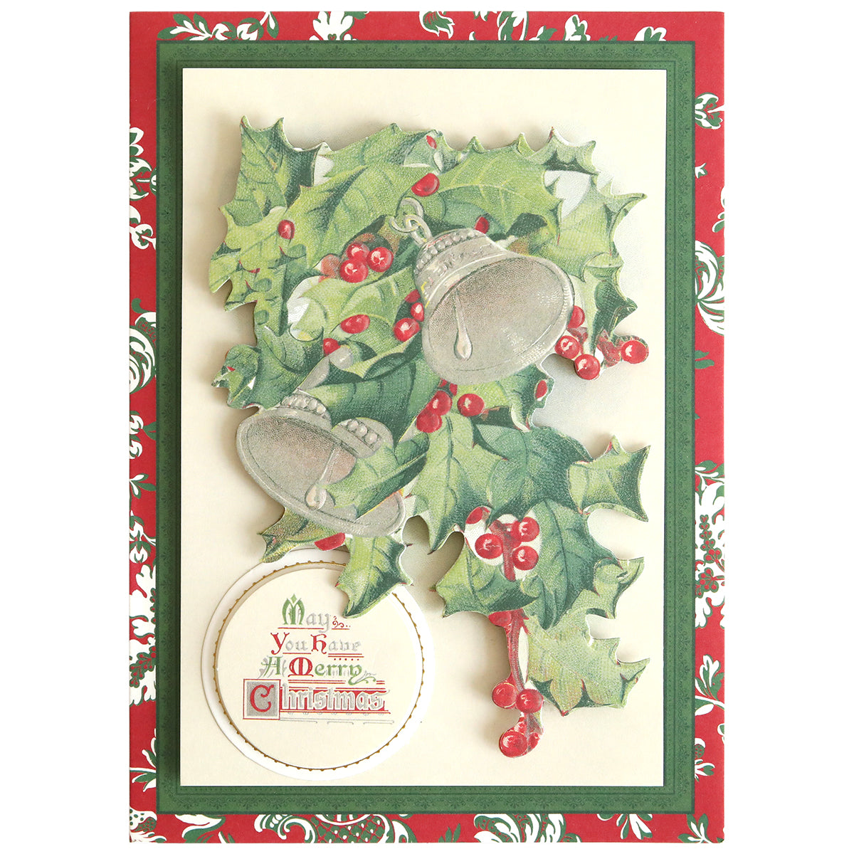 Send holiday cheer with the Christmas Postcard Card Making Kit, featuring two silver bells, green holly leaves, red berries, and a festive red-green border—plus a circular greeting: "May You Have A Merry Christmas." Vintage postcard style included.
