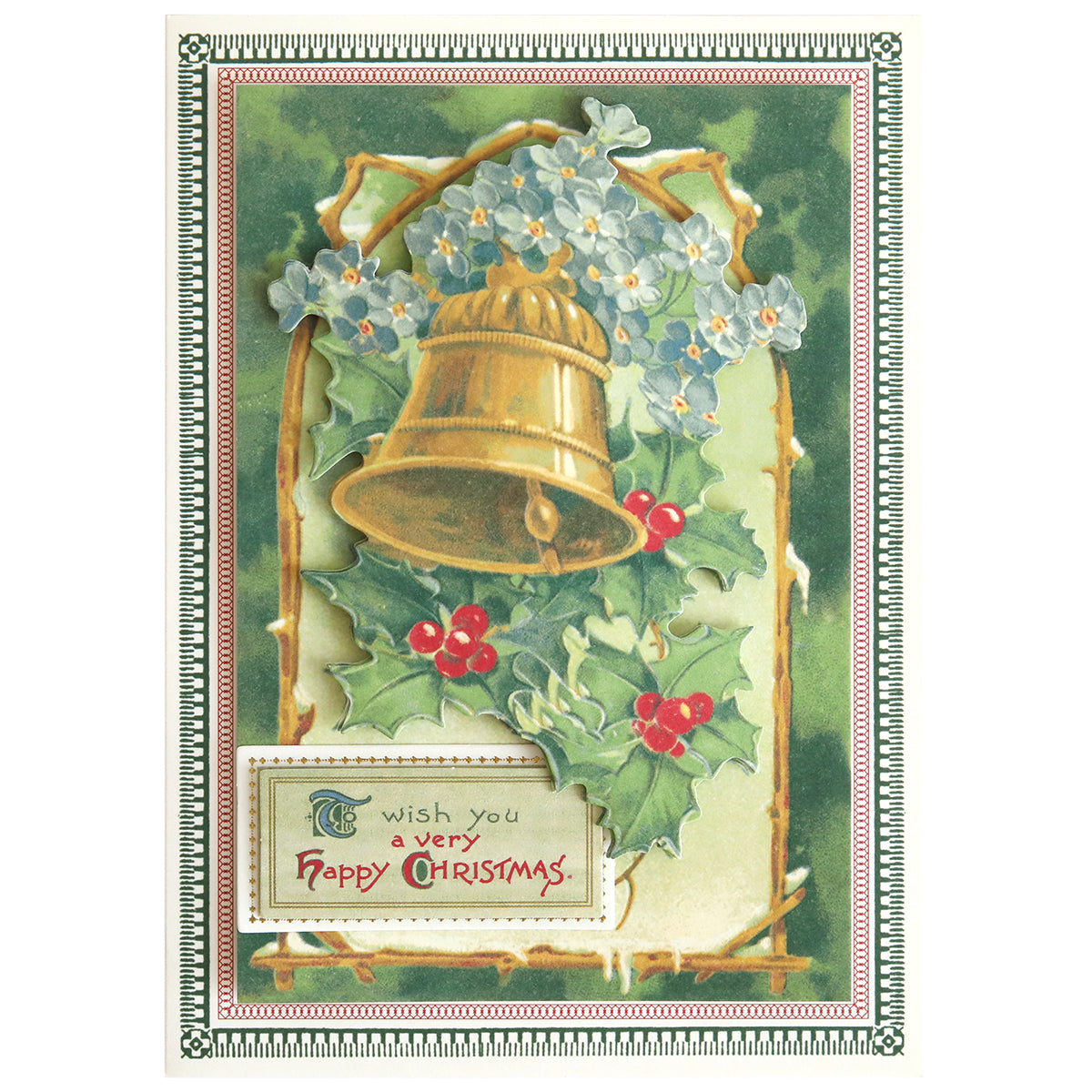 Christmas Postcard Card Making Kit features a vintage design with a gold bell, holly, blue flowers, and festive border. Includes "To wish you a very Happy Christmas." Ideal for postcard and holiday card collectors.