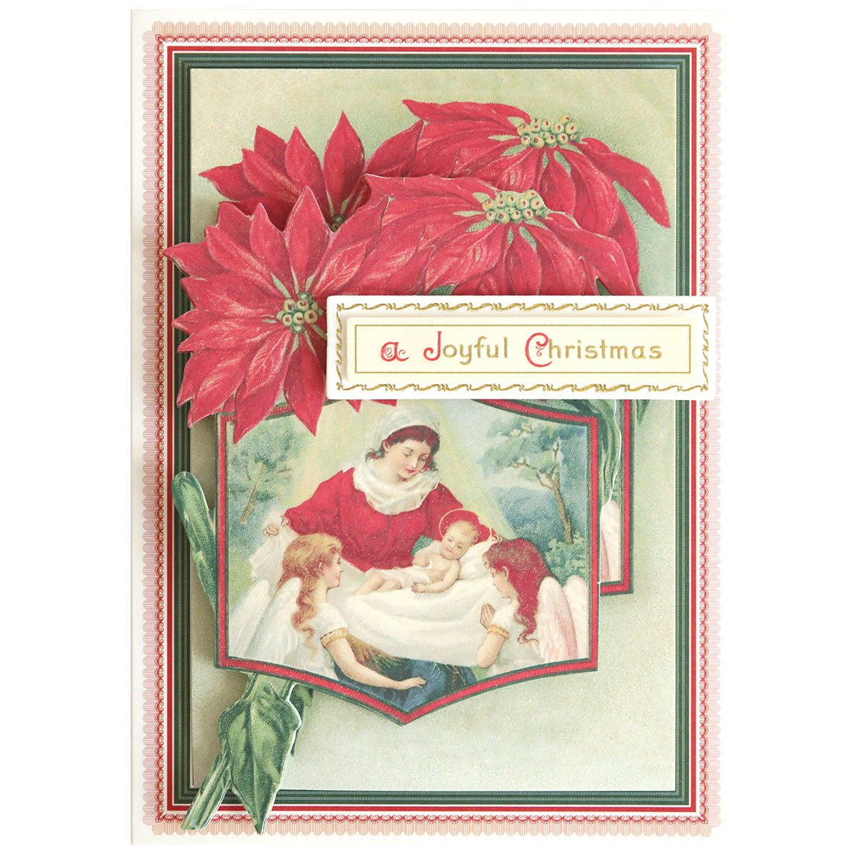 The Christmas Postcard Card Making Kit features vintage-style cards with red poinsettias and angels with Mary around baby Jesus, plus "A Joyful Christmas" text—ideal for holiday greeting card collectors.