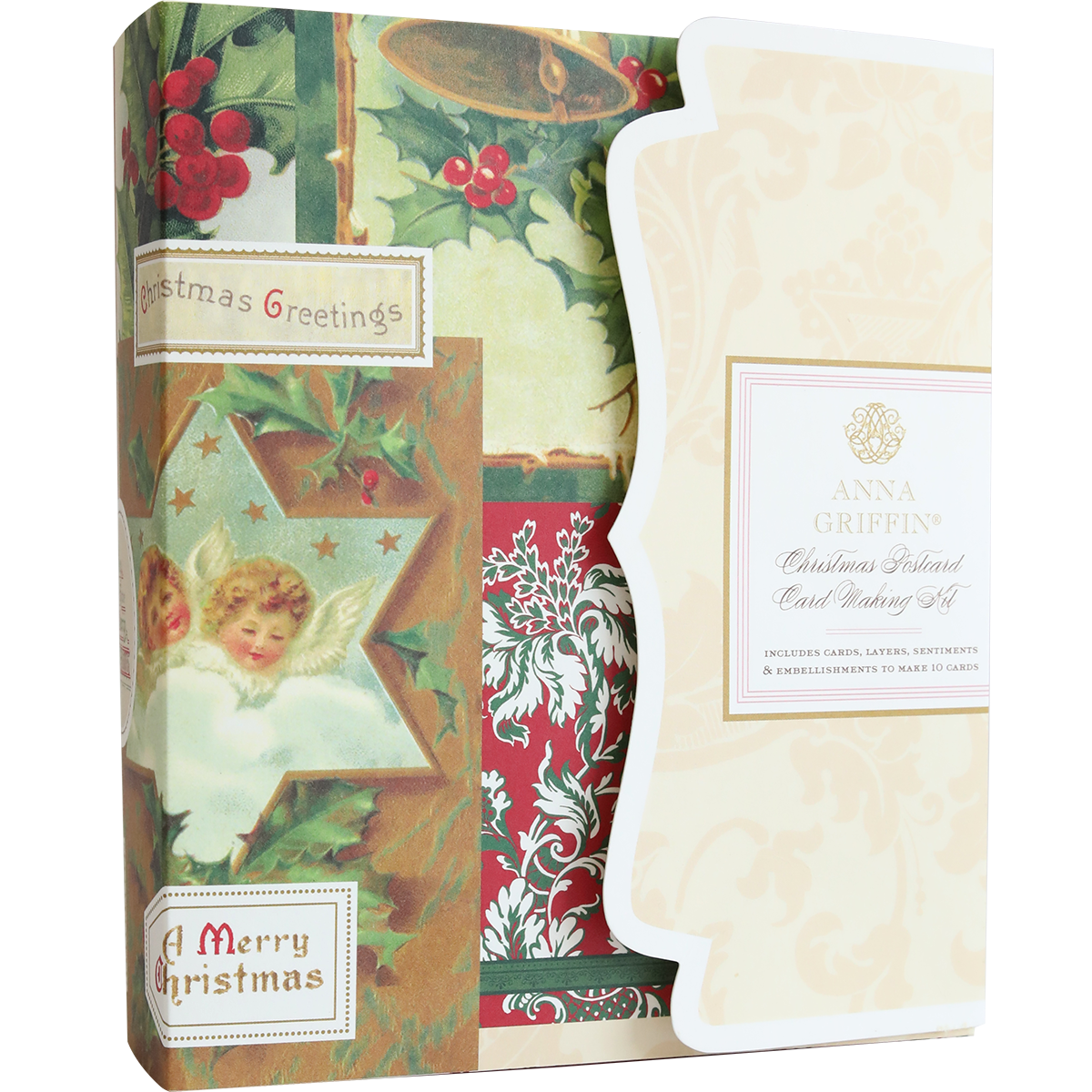 The Christmas Postcard Card Making Kit features vintage-style holiday designs inspired by classic postcards, with holly, angels, and traditional "A Merry Christmas" and "Christmas Greetings" sentiments.