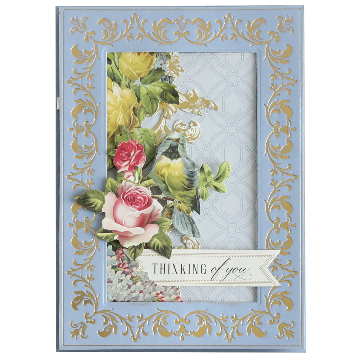 Create a "Thinking of you" card with gold foil borders, floral and bird designs, and elegant Color Drenched Cardstock Fresh Lilac accents for a beautiful handmade touch.
