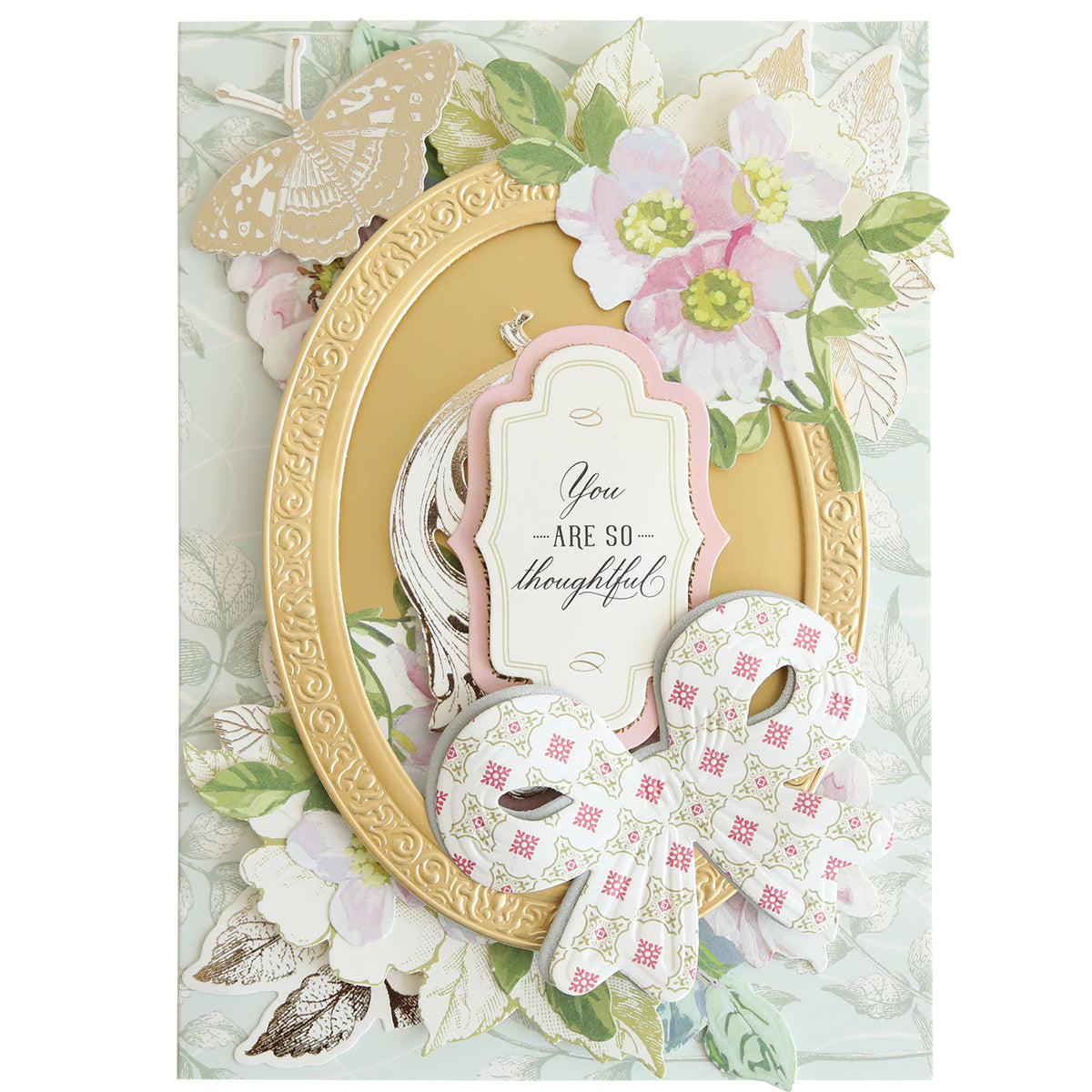 Create a beautiful greeting card using Bow Cut & Emboss Folders—add floral patterns, a butterfly, gold oval frame, paper bows, and a “You are so thoughtful” tag for the perfect handmade touch.