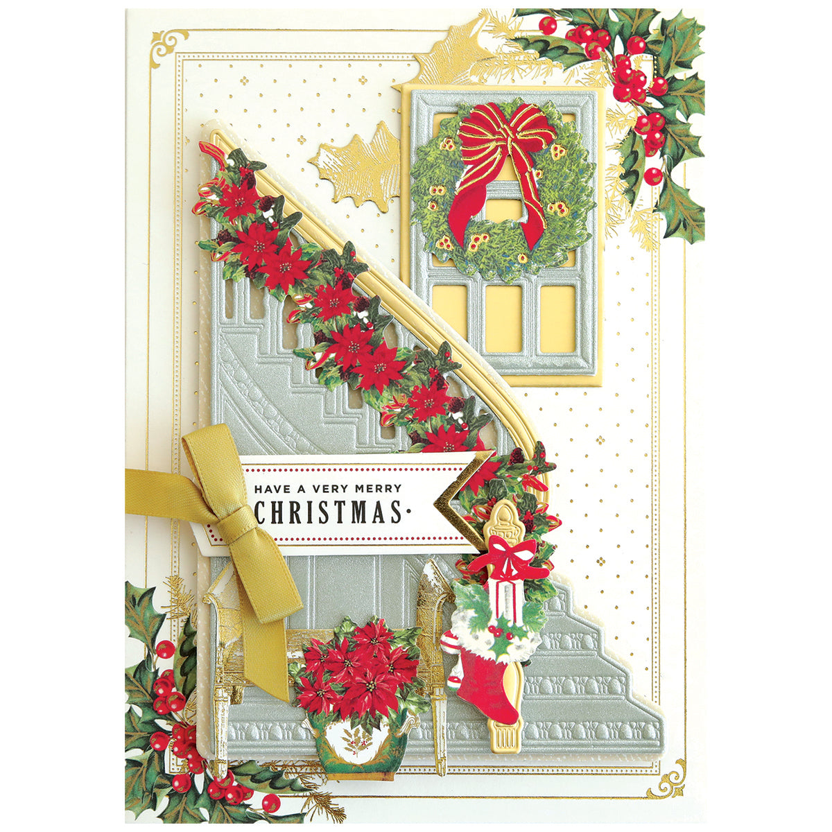 The Garland Staircase Die Cut Stickers feature a festive decorated staircase with poinsettias, holly, a wreath, stocking, garland accents, and a "Have a very merry Christmas" sign—perfect for holiday cards or crafts.