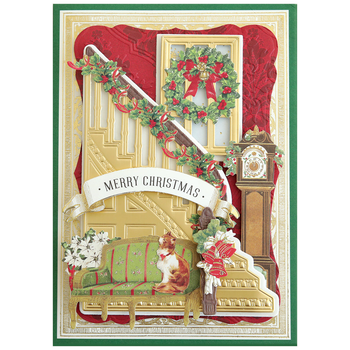 The Garland Staircase Die Cut Stickers feature a decorated staircase, wreath, garland, clock, and dog on a green couch with "Merry Christmas"—ideal for embellishing cards or scrapbook pages.