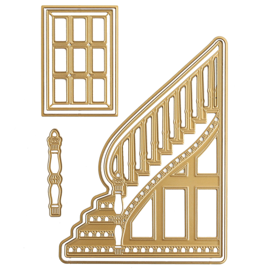 Grand Staircase Dies features cutouts of a staircase, railing, window panes, and a vertical spindle in gold—ideal for adding elegance to card making or scrapbook pages.