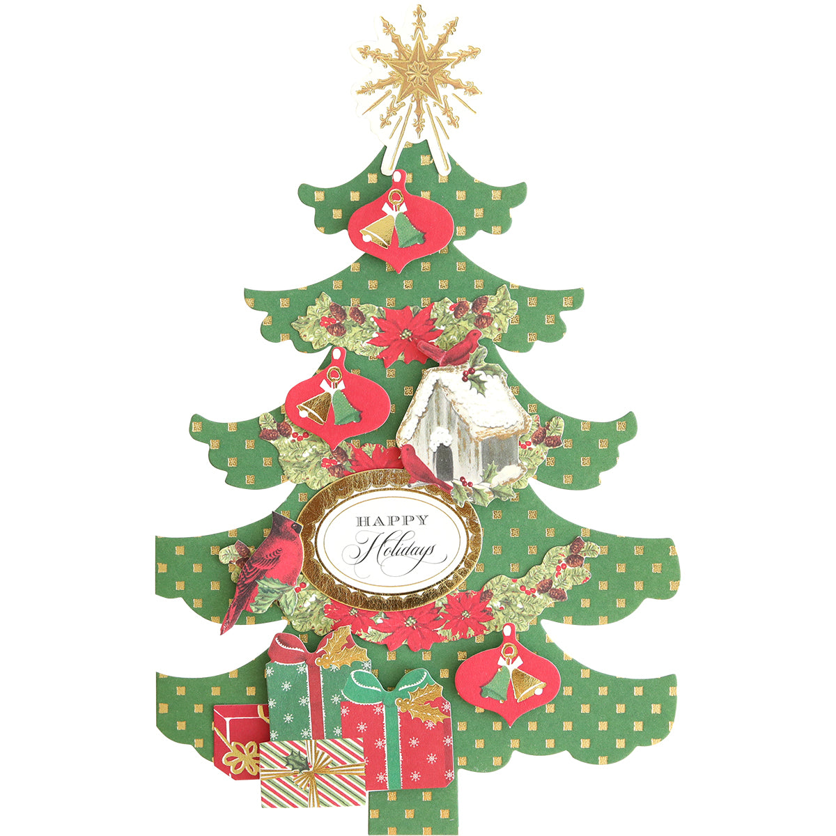 Tree Shaped Cards and Embellishments feature a decorated paper Christmas tree with red ornaments, gold star topper, bird, house, gifts, and “Happy Holidays” sign—perfect for festive or unique holiday greeting cards.
