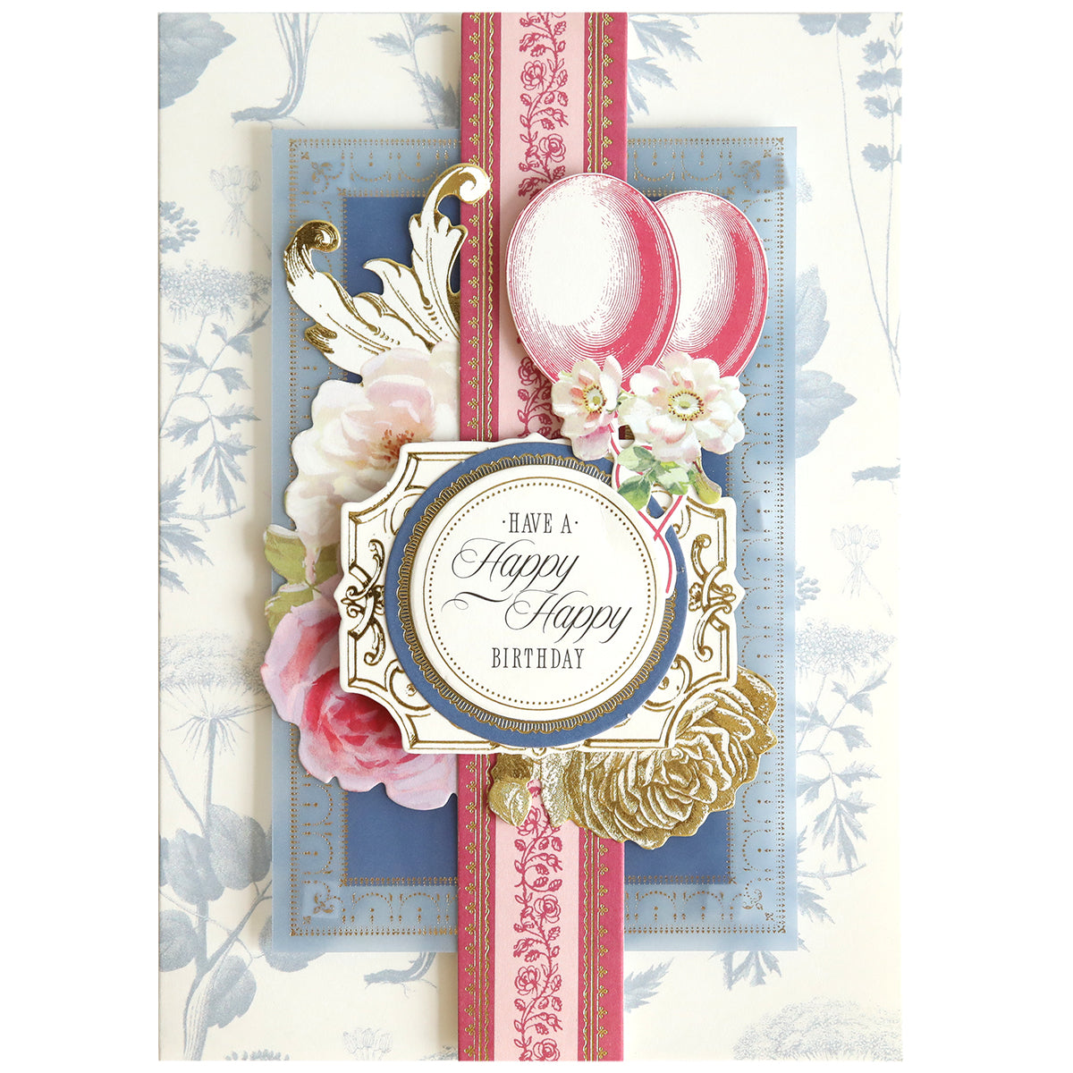 The Birthday Present Card Making Kit includes decorative supplies to create a handmade birthday card with flowers, balloons, and gold accents featuring "Have a Happy Happy Birthday"—ideal for fans of unique card making.