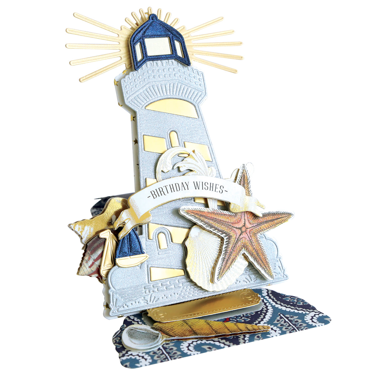 Create inspiring cards with the Lighthouse Easel Die—a decorative 3D birthday card featuring a lighthouse, seashells, starfish, and a "Birthday Wishes" banner on a patterned base.