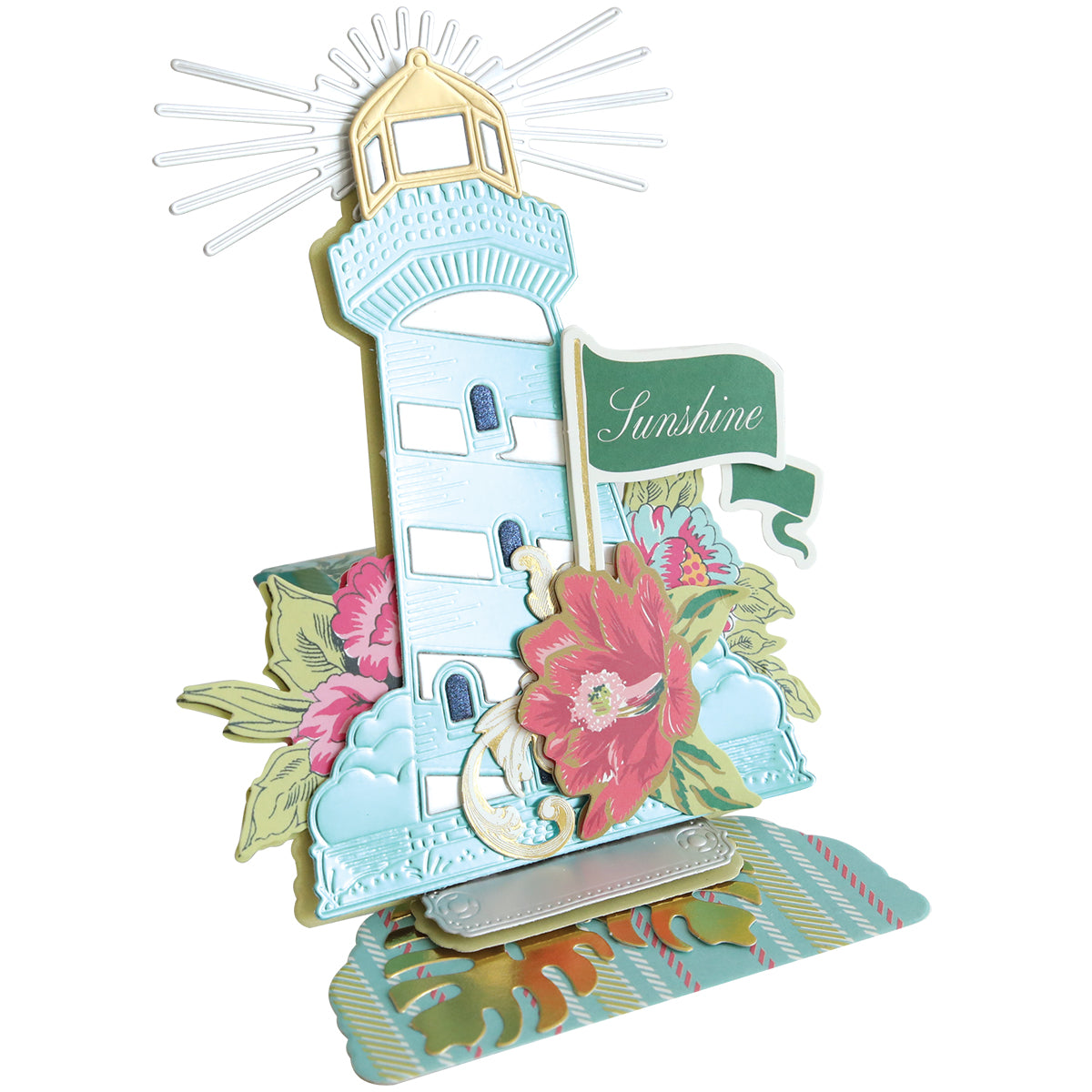 The Lighthouse Easel Die creates an inspiring pop-up card with a lighthouse, vibrant flowers, clouds, and a green "Sunshine" flag—perfect for unique, uplifting designs.