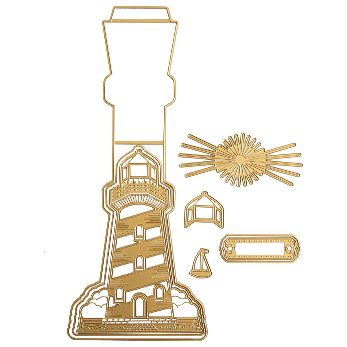 The Lighthouse Easel Die includes shapes like a lighthouse, windows, sunburst, sign, and small triangle—ideal for crafting inspirational cards to celebrate hope and strength.