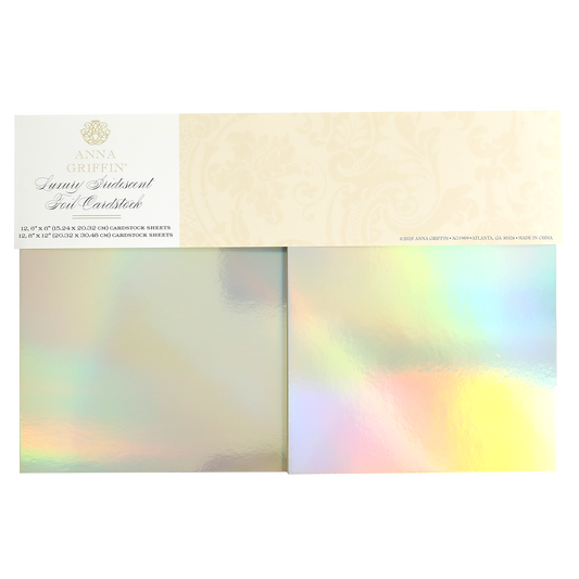 A package of Luxury Iridescent Foil Cardstock includes two sheets of premium reflective cardstock, finished with a cream decorative label at the top.