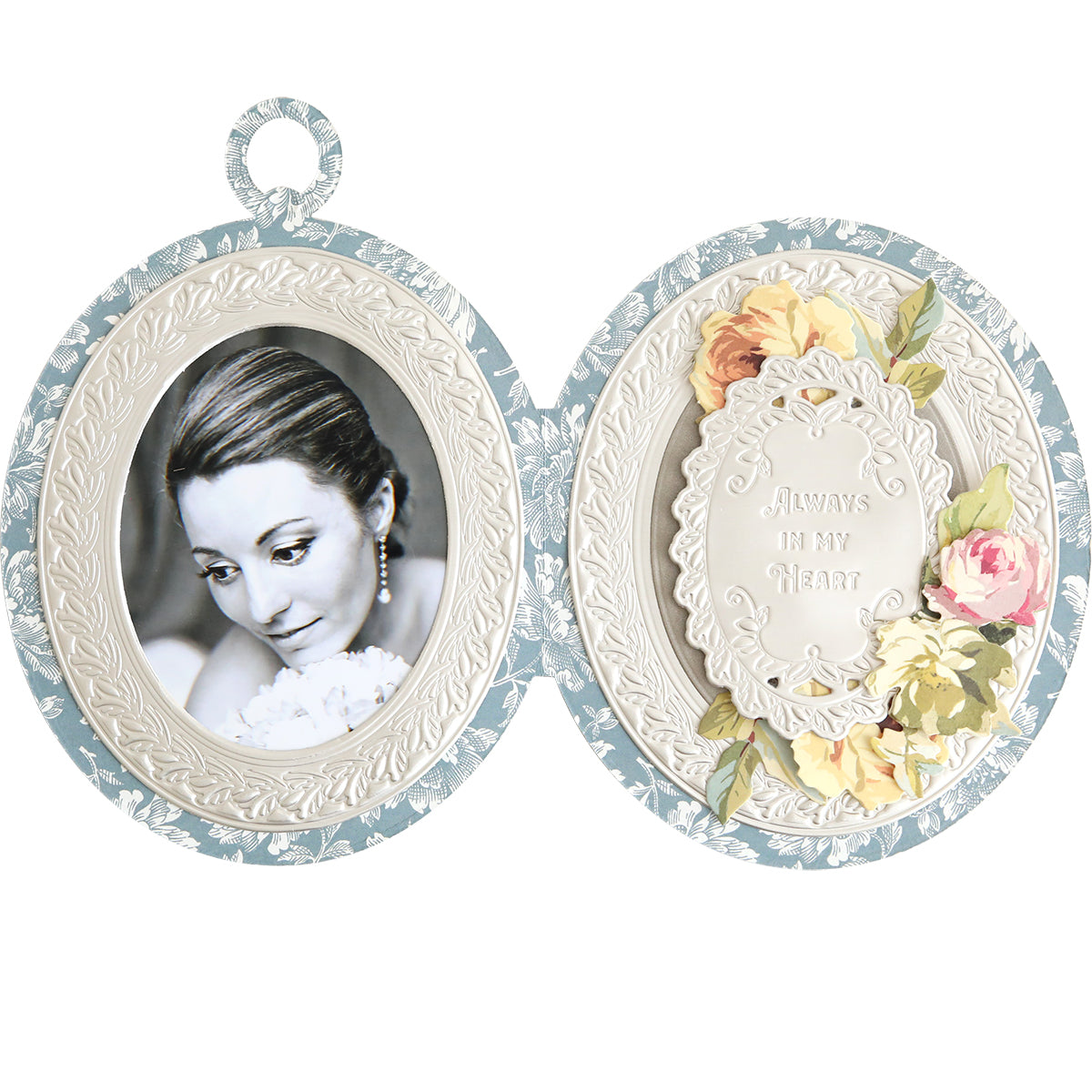 A locket-style frame created with Locket Card Dies displays a black-and-white portrait of a woman on the left and a floral motif with “Always in my Heart” on the right.