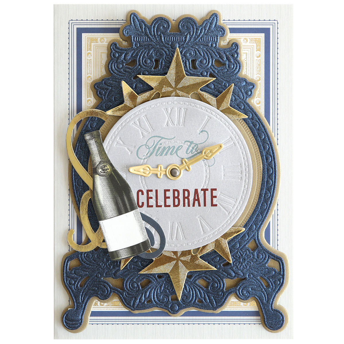 The Vintage Clock Dies create a decorative card with a detailed clock face showing Roman numerals, gold hands, a blue and gold frame, "Time to Celebrate," and a champagne bottle illustration on the left.