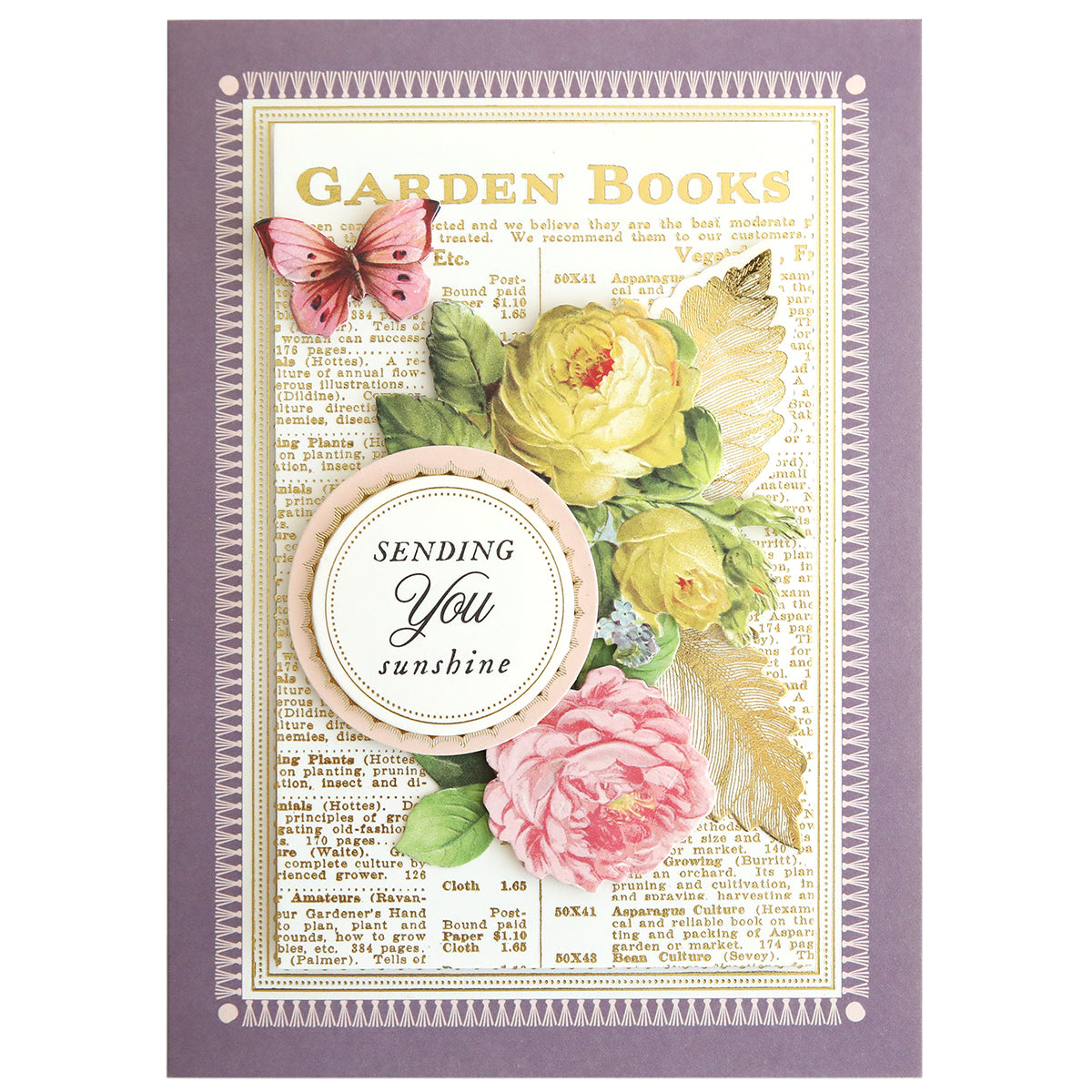 The In the Garden Card Making Kit features a decorative card with vintage florals, a butterfly, and "Garden Books" and "Sending you sunshine" text on a purple background—perfect inspiration for handmade cards.