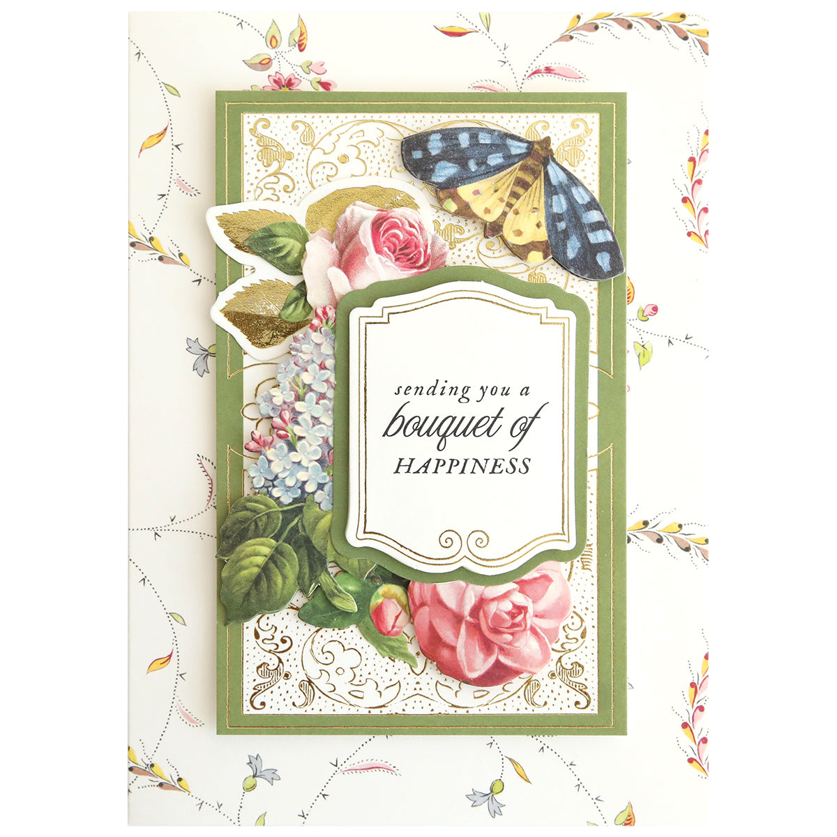 The In the Garden Card Making Kit lets you create a handmade card with floral and butterfly illustrations, the message "sending you a bouquet of happiness," and stunning floral embellishments.