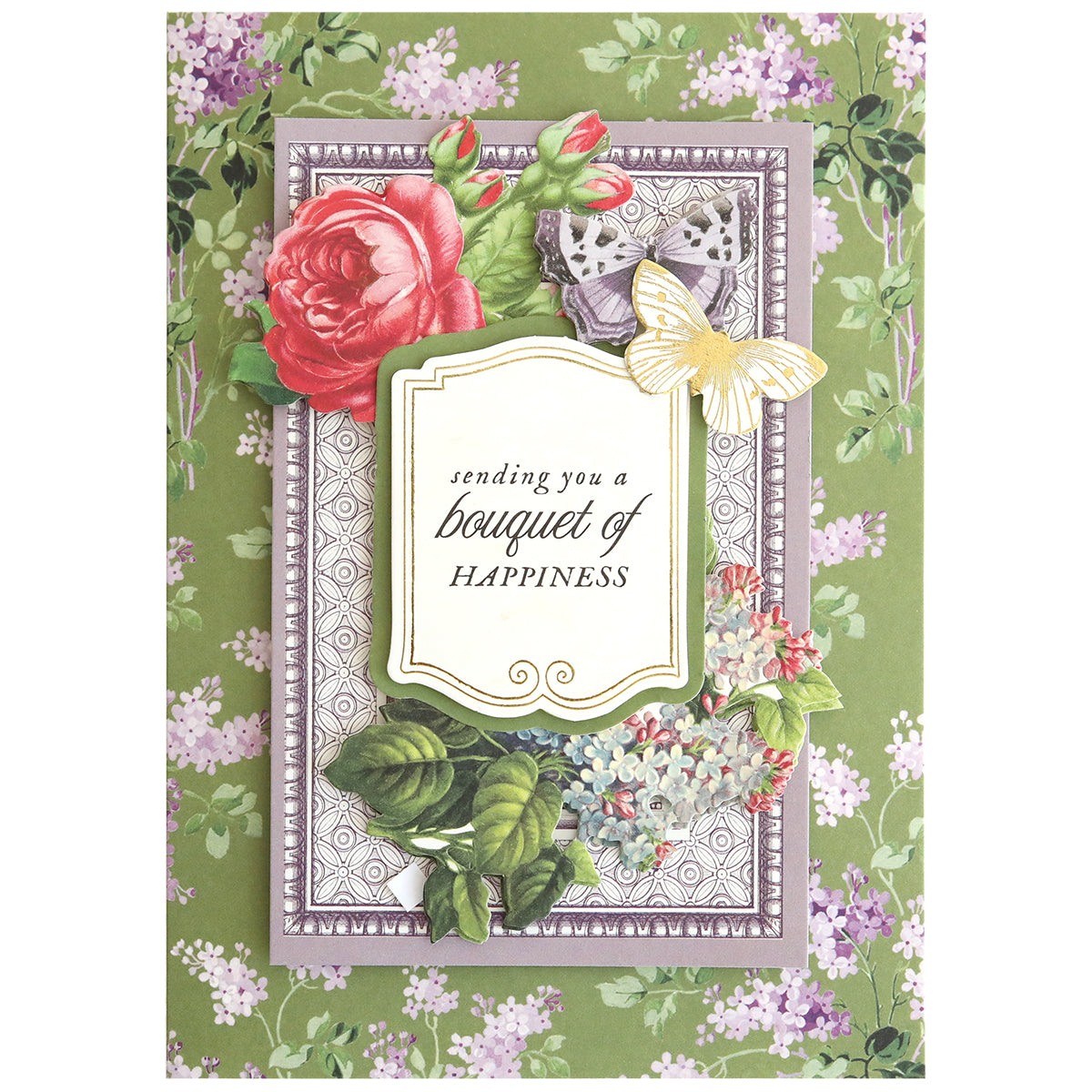 The In the Garden Card Making Kit includes a floral greeting card with roses, butterflies, and leaves, plus the message “sending you a bouquet of happiness”—ideal for handmade cards or adding floral embellishments to your collection.