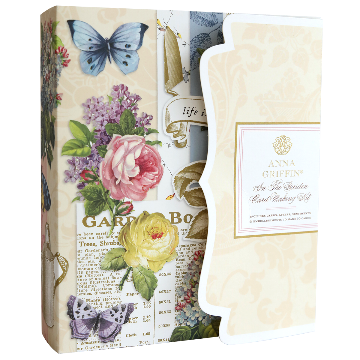 The In the Garden Card Making Kit features floral and butterfly card designs with elegant floral embellishments—perfect for creating beautiful handmade cards.