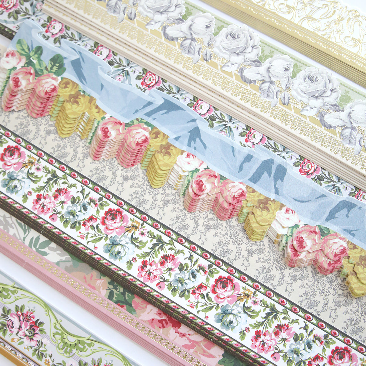 Virginia 12" Border Stickers feature vintage-style floral designs with roses, leaves, and decorative detailing in various colors—perfect as die cut borders for scrapbooking pages or creative border stickers.