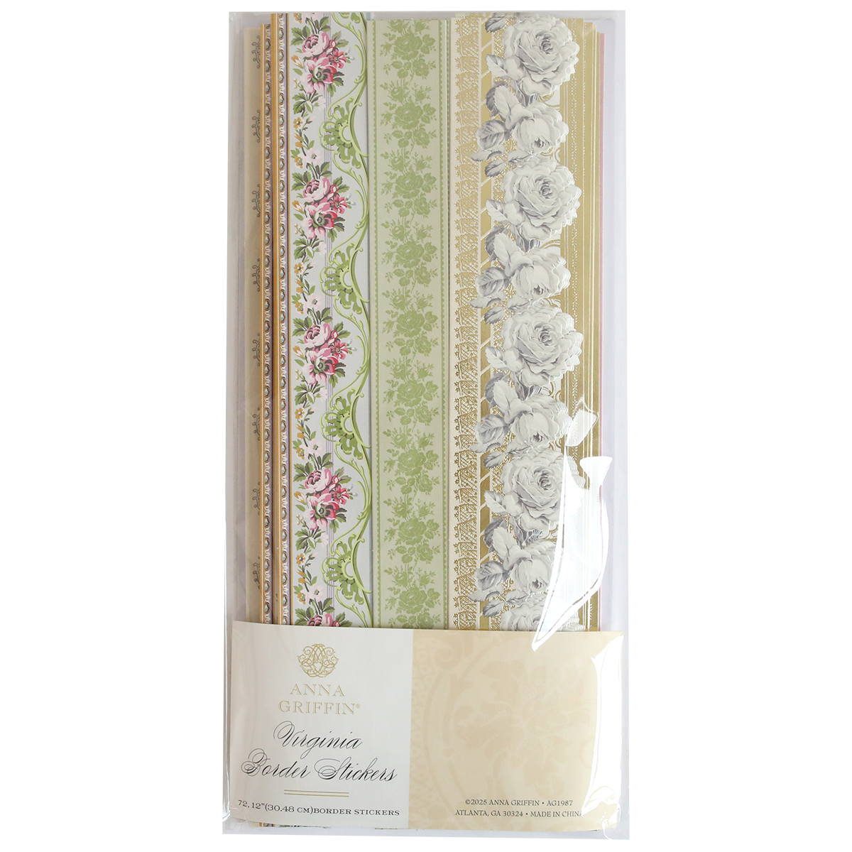 A package of Virginia 12" Border Stickers featuring die-cut floral and ornamental designs in pink, green, gold, and black on cream backgrounds—ideal for embellishing scrapbook pages.