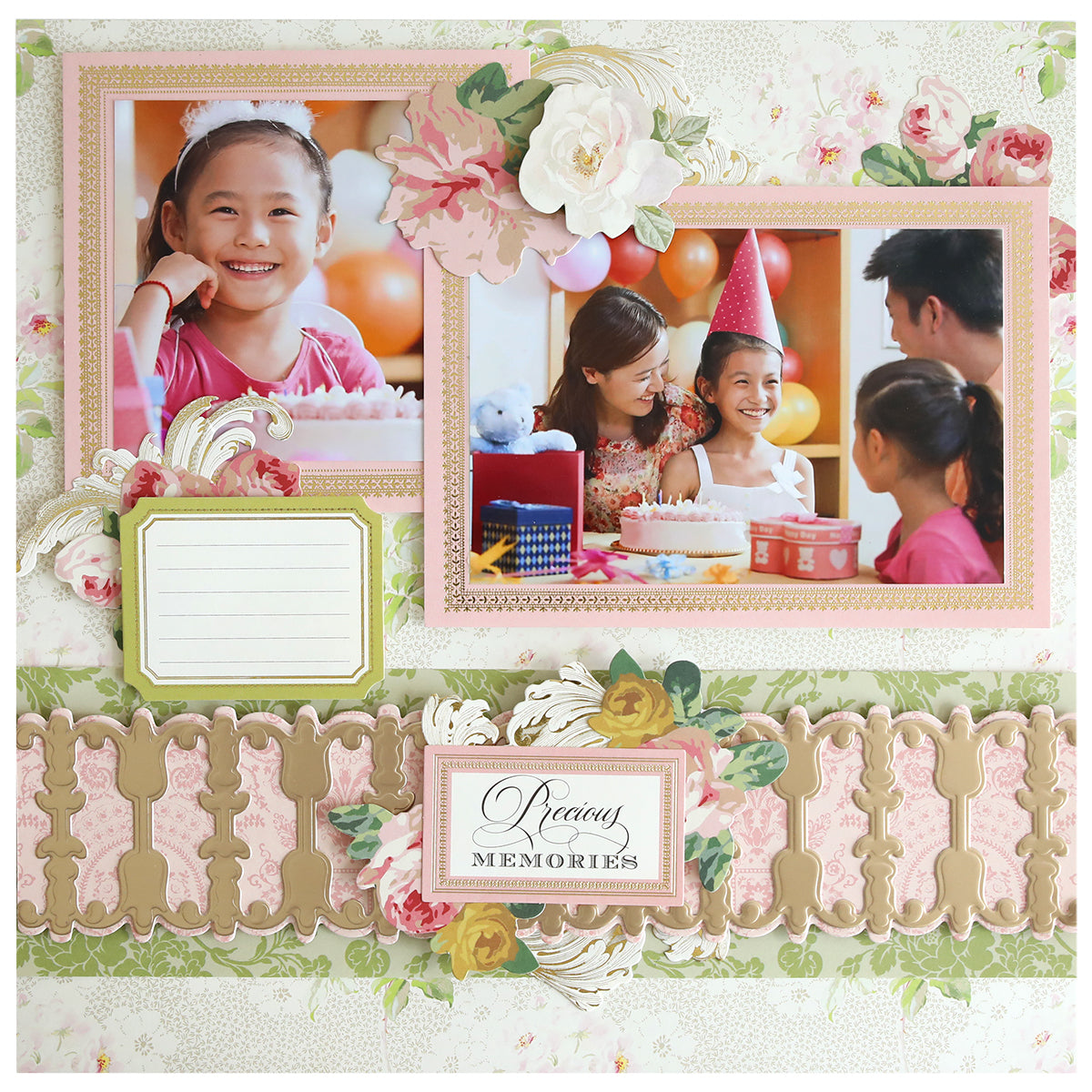 A scrapbook page with photos of a smiling girl’s birthday party, floral accents, borders cut with 12" Regal Trimmings Border Dies, and a "Precious Memories" label—ideal for paper crafting enthusiasts.