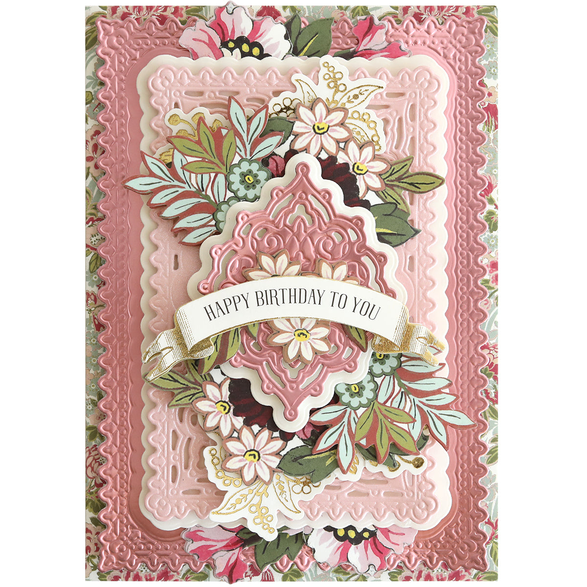 Ornate pink and gold embossed birthday card with layered floral accents, crafted using the Jasmine Concentric Die Set. Features a "Happy Birthday To You" banner—a stunning showcase of elegant handmade design.