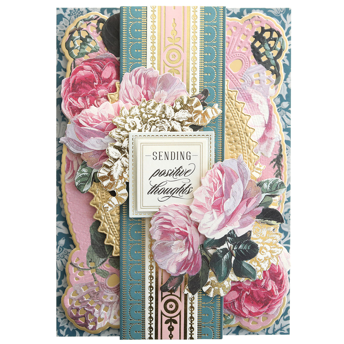 Create Everyday Border Stickers feature elegant die cut designs with pink and white flowers, gold accents, and “Sending positive thoughts” labels—perfect for adding a decorative touch to your scrapbook layouts.