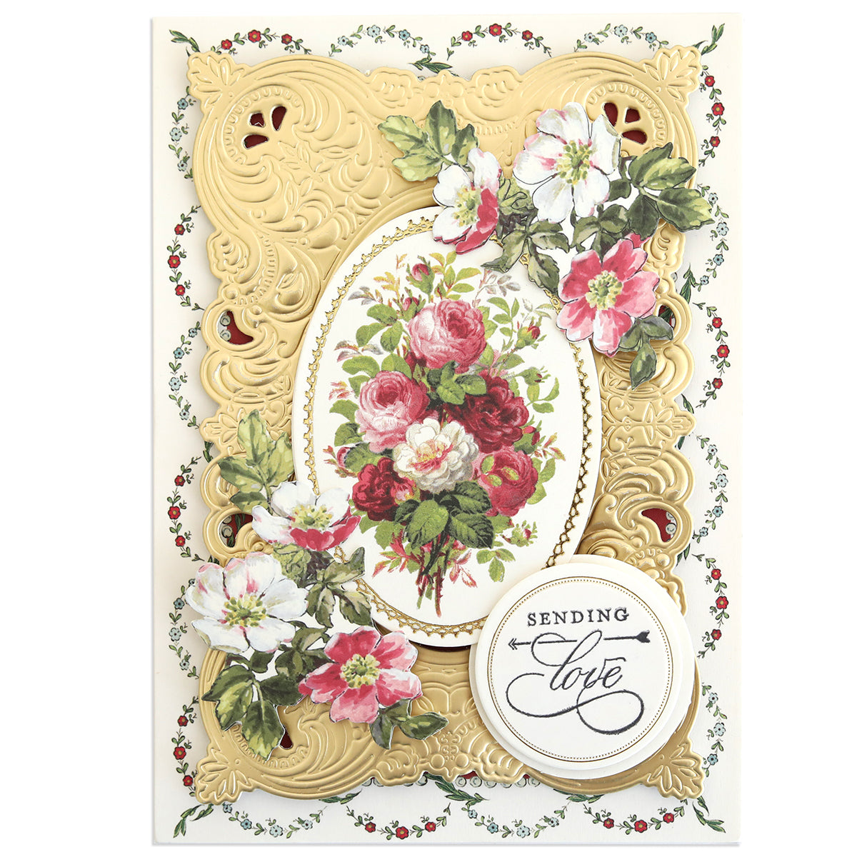 The Lovely Sentiment Stamps feature a gold ornate frame, floral bouquet, and "Sending Love" message—ideal for handmade cards or scrapbook pages.