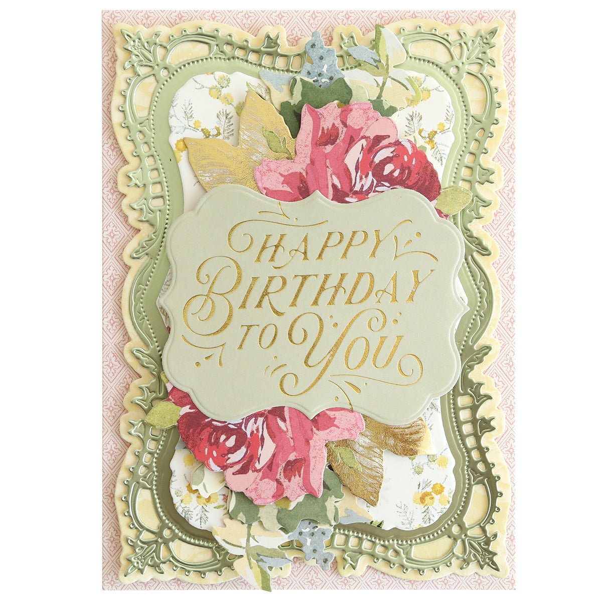A decorative birthday card with ornate frames, floral designs, and a gold-embossed "Happy Birthday to You" using Gilded Birthday & Friendship Sentiment Hot Foil Plates for a luxurious foil finish on cardstock.