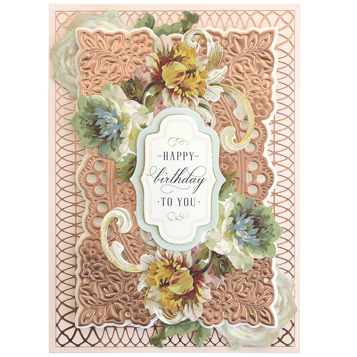 Birthday card featuring ornate gold details made with Gilded Ironwork Frames Hot Foil Plates, floral accents, and "Happy Birthday to You" elegantly scripted in the center.