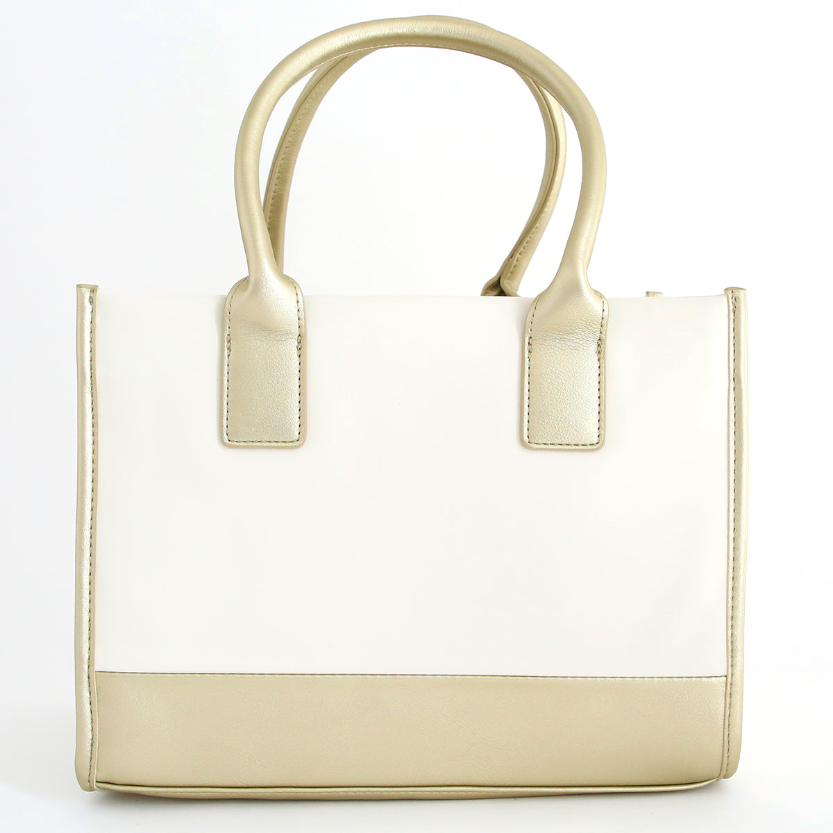 The Empress Mini Elite Tote Bag is a beige and white structured tote with two handles, minimal design, and gold-toned accents—ideal for carrying your die cutting machine. Displayed against a plain white background.