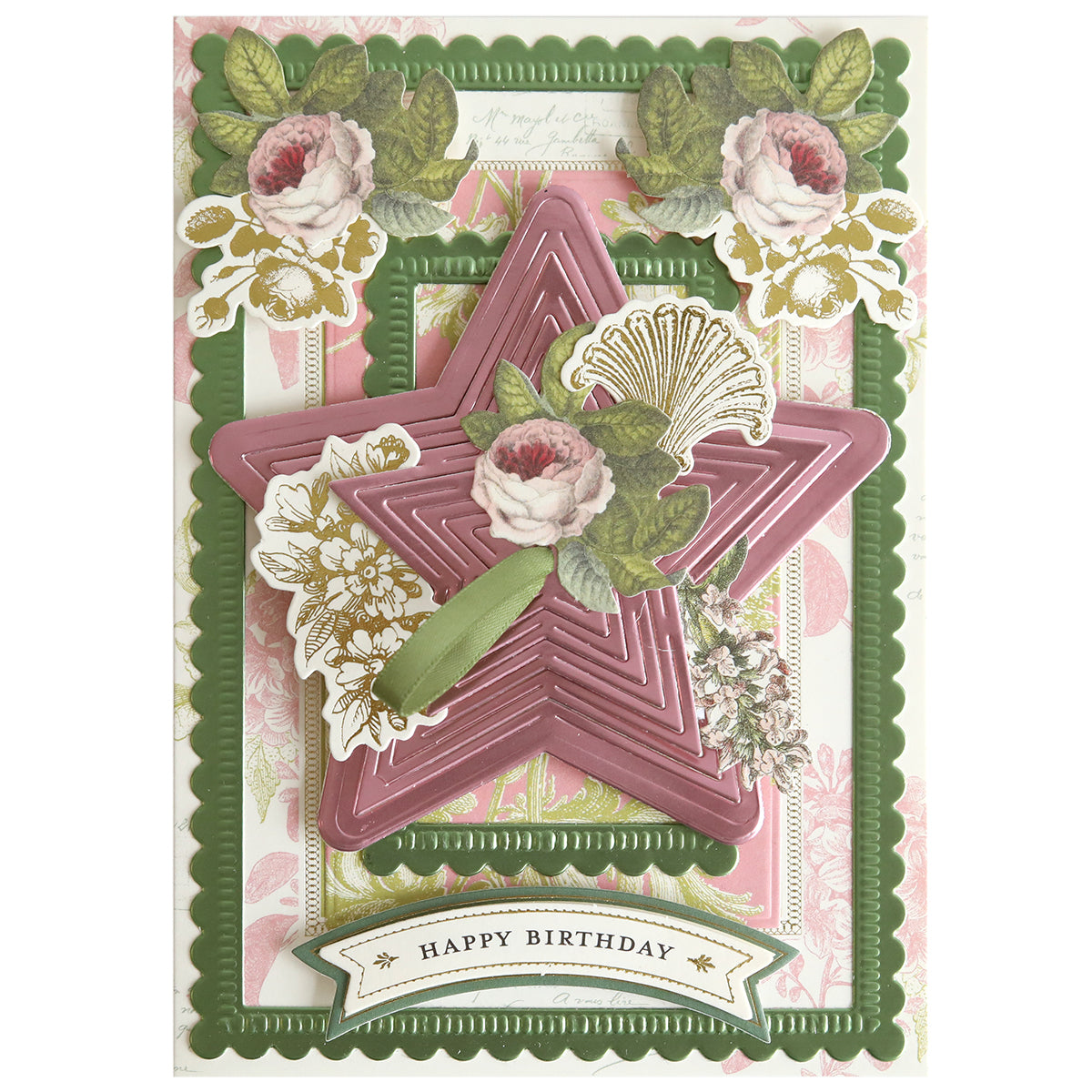 A card adorned with a star and flowers, crafted using the Kirigami Star Dies for beautiful dimensional stars.