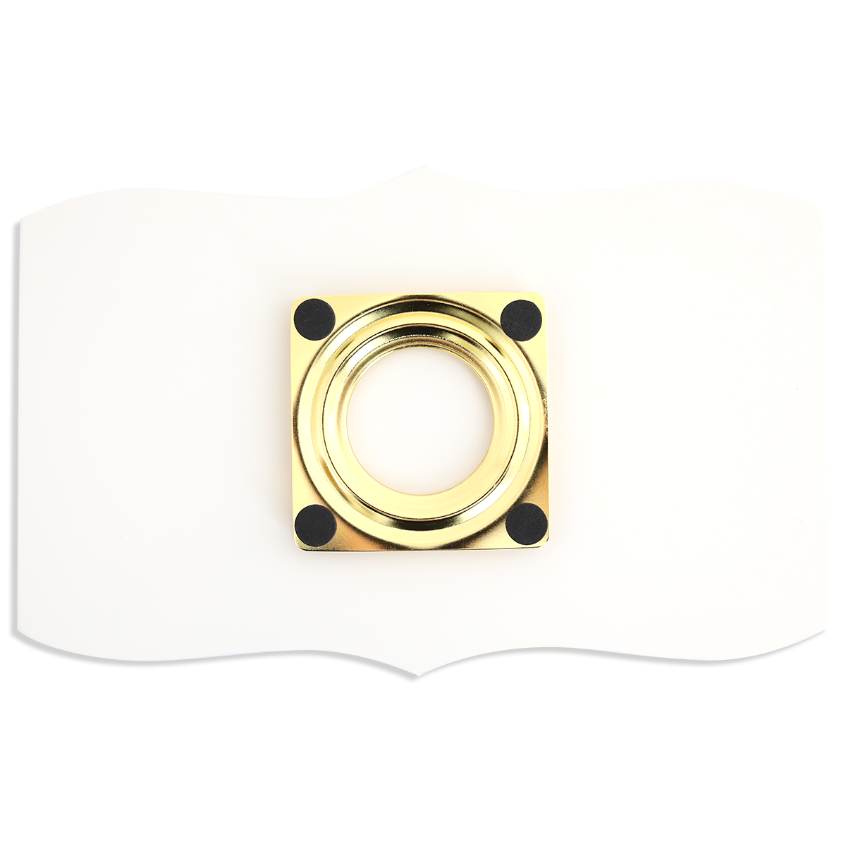 The Empress Mini Lazy Susan, a square gold metal ring with four black corner pads, is displayed on a white wavy-edged background, perfect as an accessory for crafting storage or the Empress Elite Mini Machine.