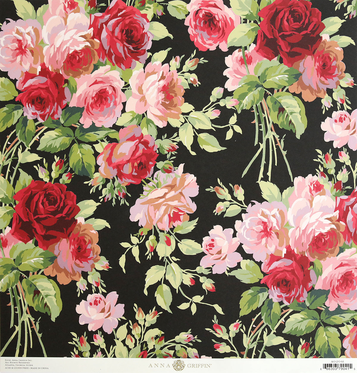 A pack of 5 Rose Garden Black 12x12 Text Papers, adorned with beautiful roses, from Anna Griffin.